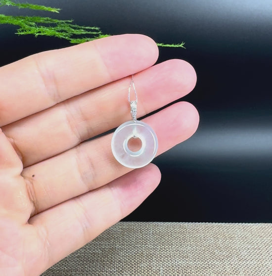 Load and play video in Gallery viewer, &amp;quot;Good Luck Button&amp;quot; Icy Jadeite Jade Lucky KouKou Pendant With 18K White Gold Bail
