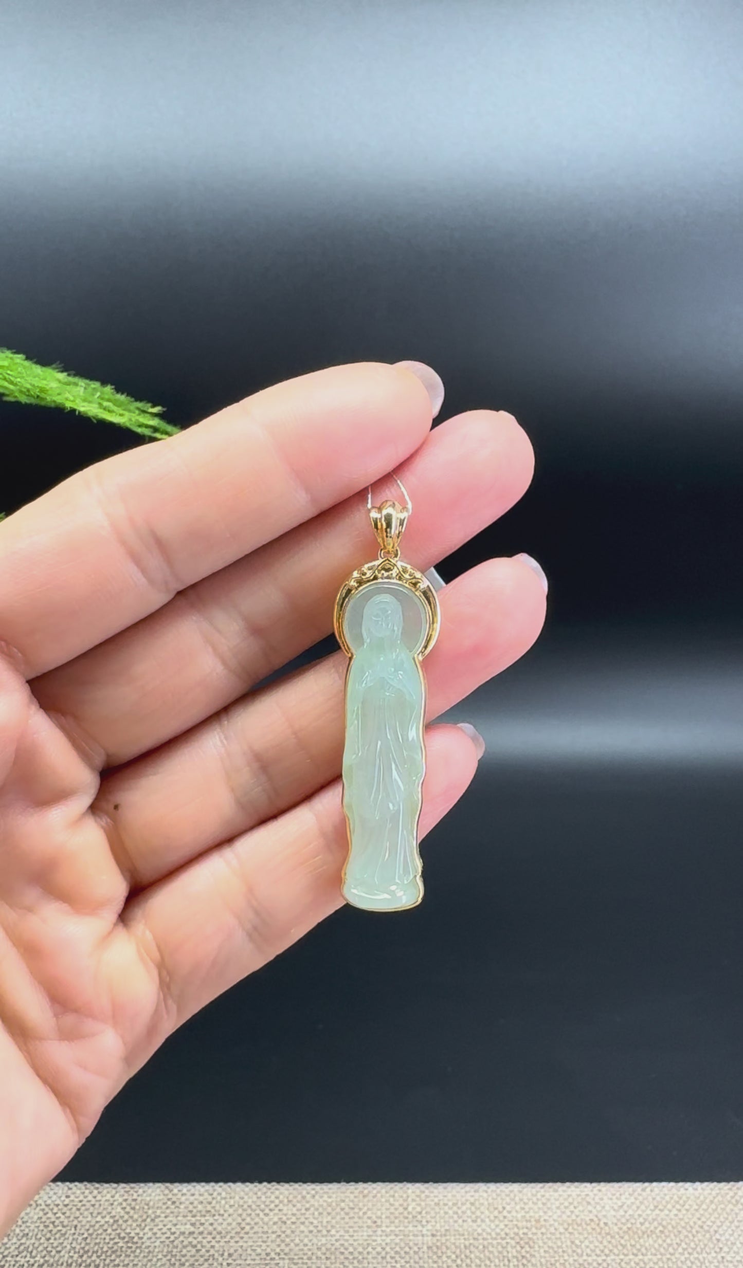 Load and play video in Gallery viewer, RealJade® 18K Yellow Gold Genuine Icy Green Jadeite Jade Mother Mary Pendant Necklace
