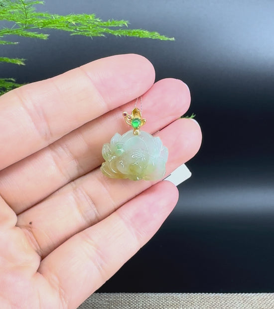 Load and play video in Gallery viewer, RealJade® Co. Genuine Ice Yellow Green  Jadeite Jade Good Lotus Necklace With 18K Yellow Gold Bail
