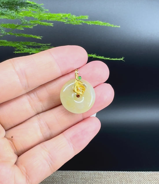 Load and play video in Gallery viewer, &amp;quot;Good Luck Button&amp;quot; Yellow Jadeite Jade Lucky KouKou Pendant With 18K Yellow Gold Bail
