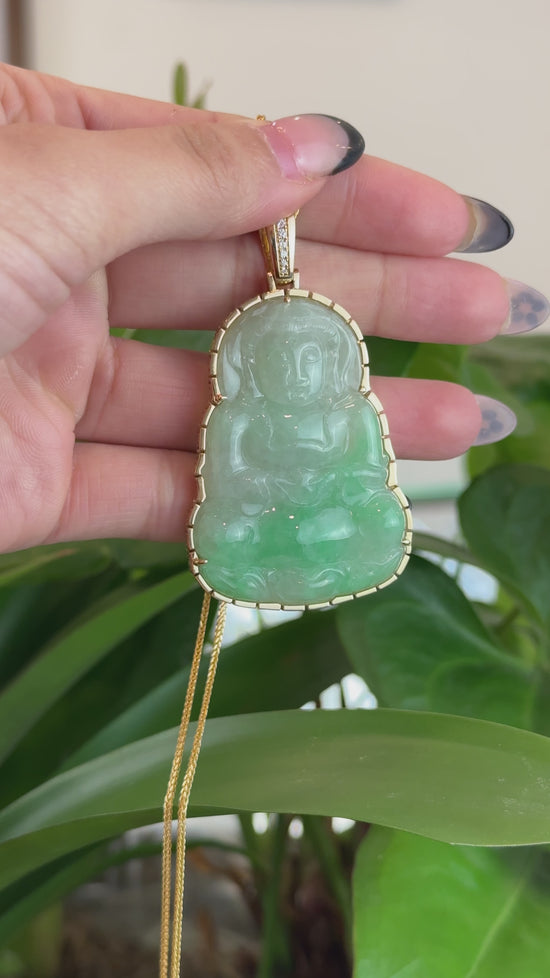 Load and play video in Gallery viewer, &amp;quot;Goddess of Compassion&amp;quot; 14k Yellow Gold Genuine Burmese Jadeite Jade Guanyin Necklace
