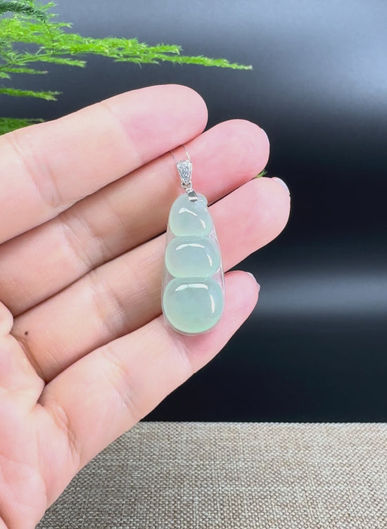 Load and play video in Gallery viewer, RealJade® Co. Genuine Icy Green  Jadeite Jade Bean Necklace With 18K White Gold Bail
