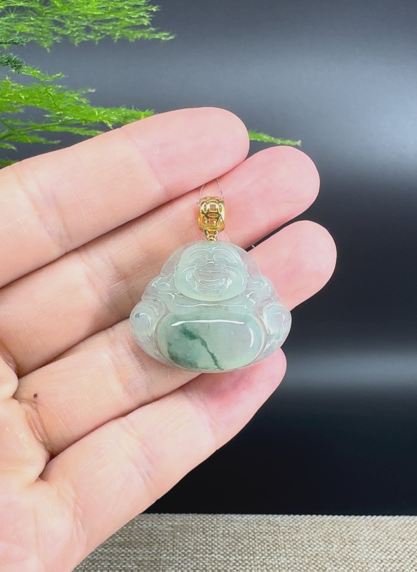 Load and play video in Gallery viewer, 18K Yellow Gold Burmese Icy Green Jadeite Jade Happy Buddha Pendant

