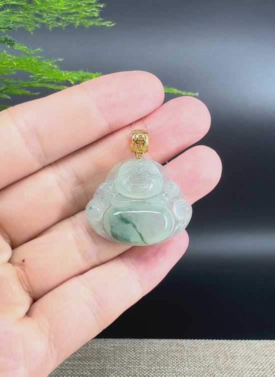 Load and play video in Gallery viewer, 18K Yellow Gold Burmese Icy Green Jadeite Jade Happy Buddha Pendant

