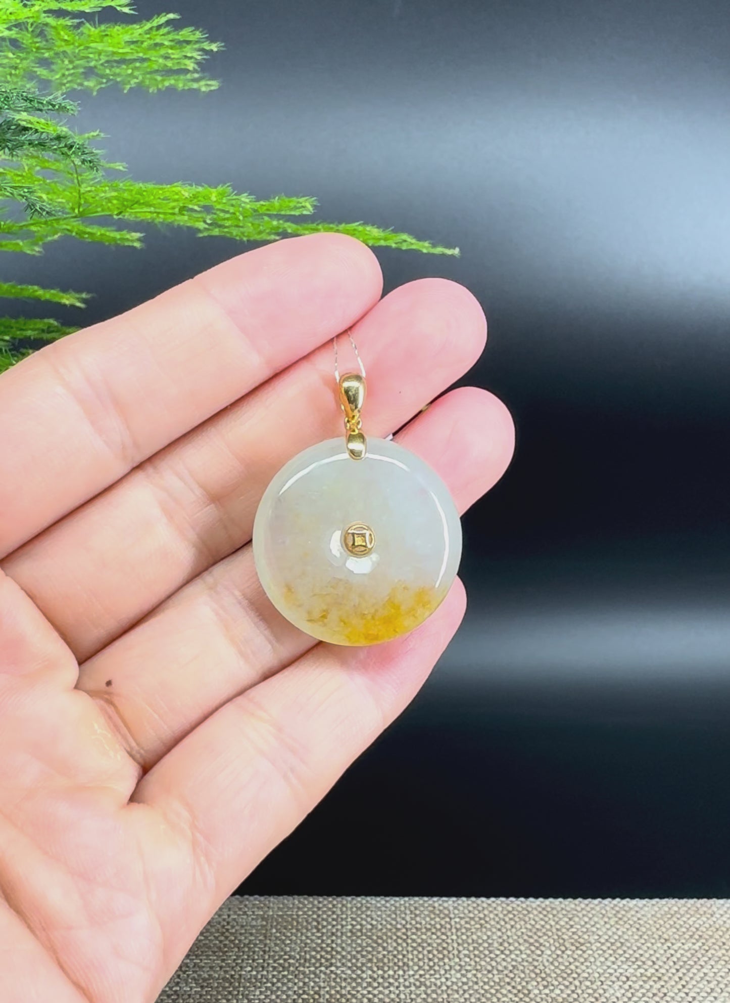 Load and play video in Gallery viewer, &amp;quot;Good Luck Button&amp;quot; Icy Yellow Jadeite Jade Lucky KouKou Pendant With 18K Yellow Gold Bail
