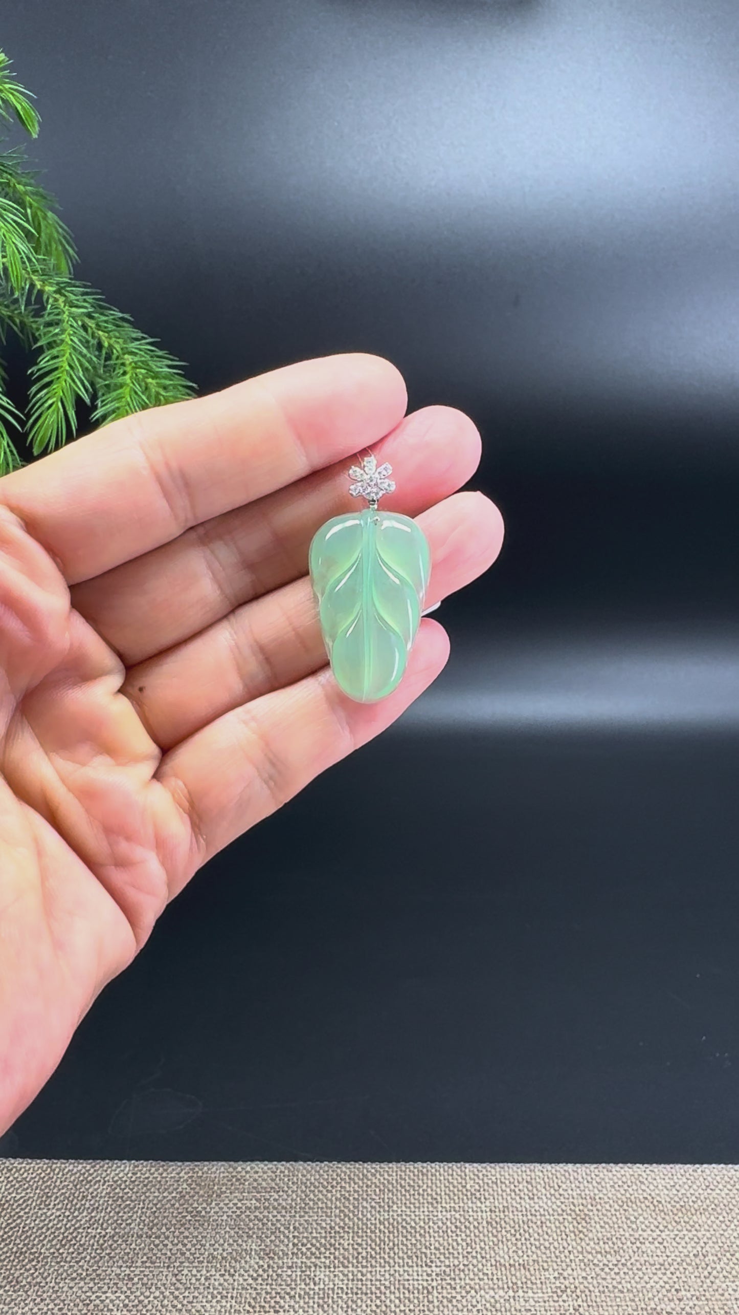RealJade® Co. Genuine Icy Green Jadeite Jade Jin Zhi Yu Ye (Leaf) Necklace With 18K White Gold Diamonds Bail