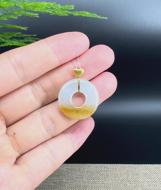Load and play video in Gallery viewer, &amp;quot;Good Luck Button&amp;quot; Yellow Jadeite Jade Lucky KouKou Pendant With 18K Yellow Gold  Bail
