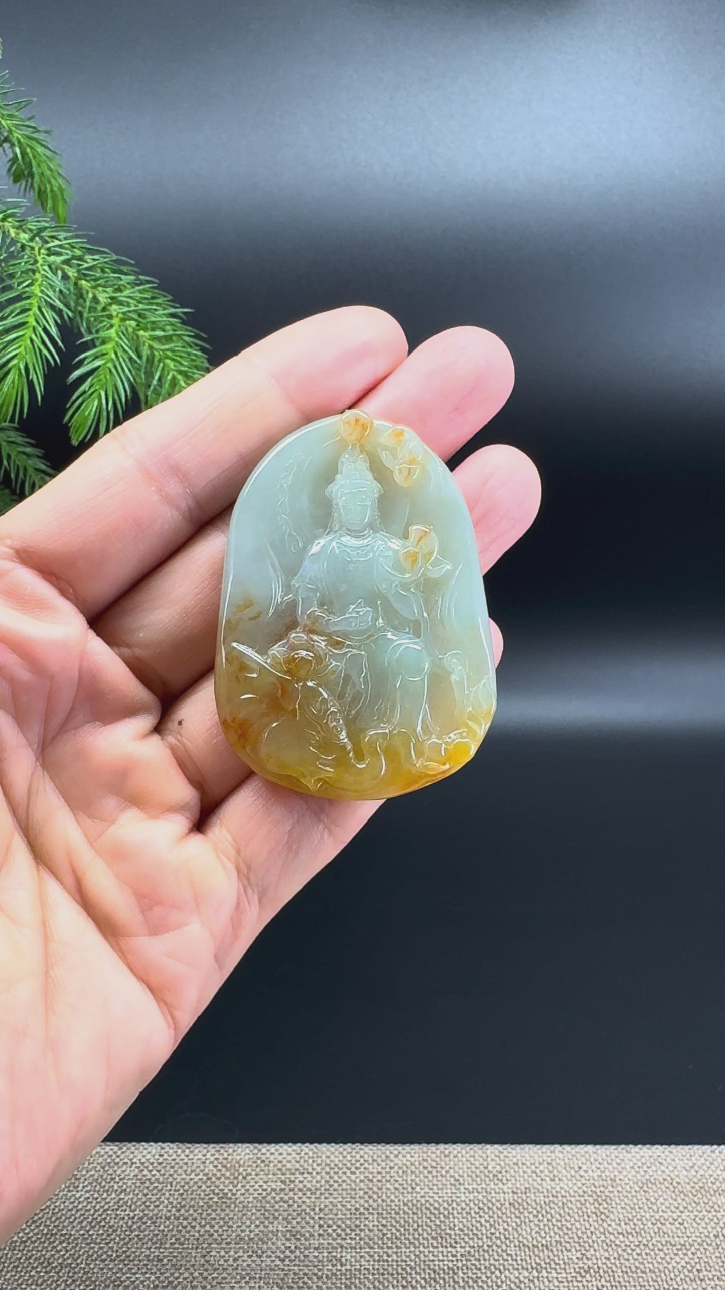 RealJade® Co. Genuine Burmese Yellow Green Jadeite Jade Guanyin Pendant