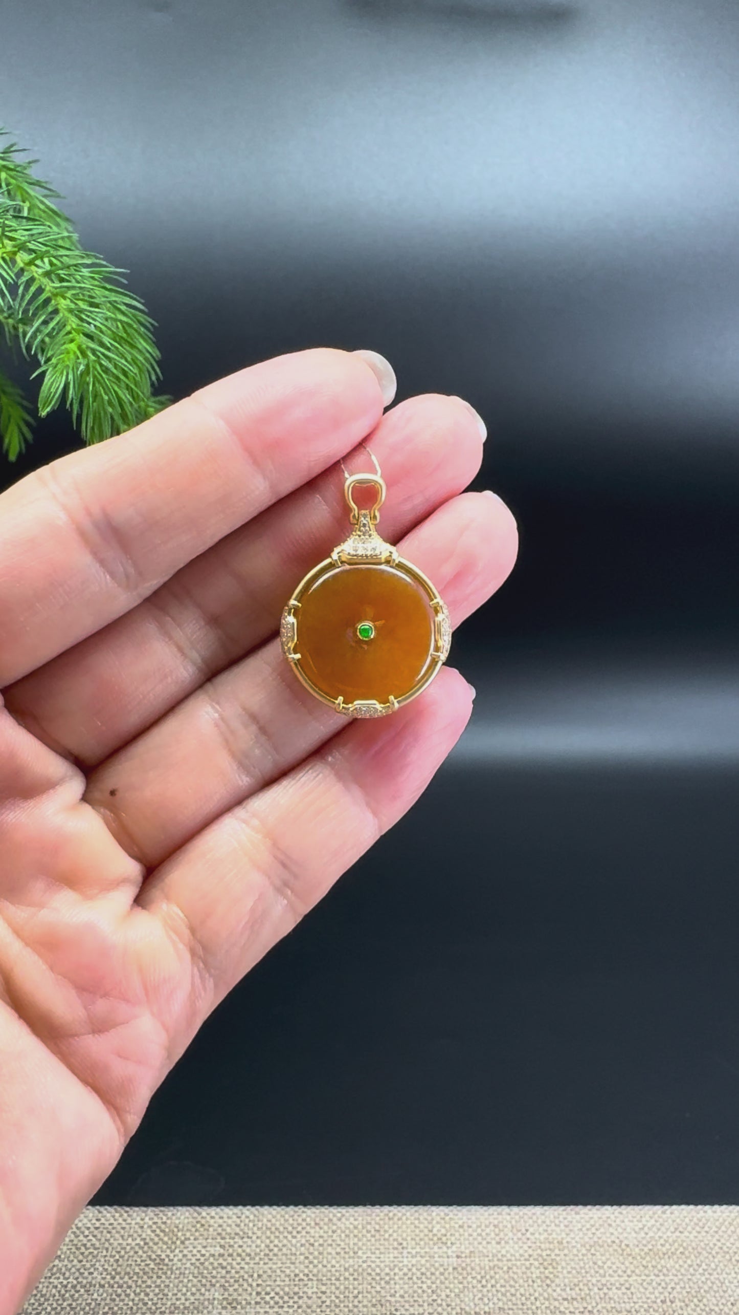 "Good Luck Button" Red Jadeite Jade Lucky KouKou Pendant With 18K Yellow Gold Bail