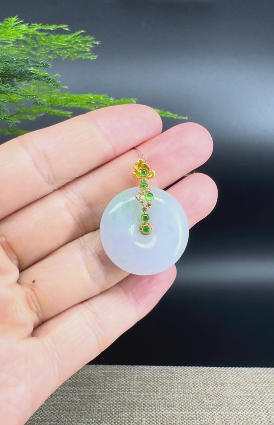 Load and play video in Gallery viewer, &amp;quot;Good Luck Button&amp;quot; Lavender Jadeite Jade Lucky KouKou Pendant With 18K Yellow Gold  Bail
