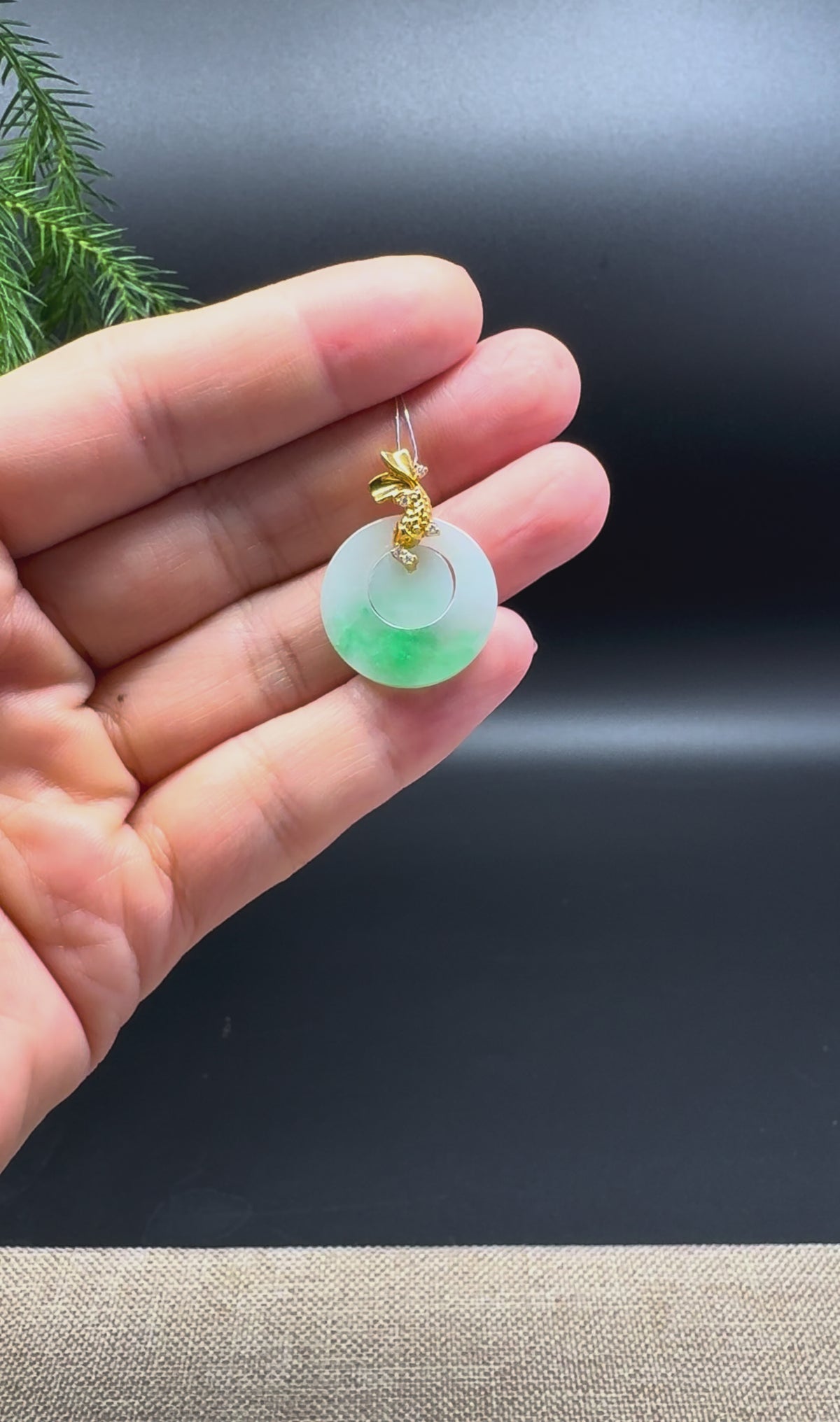 "Good Luck Button" Green Jadeite Jade KouKou Pendant With 18K Yellow Gold Koi-fish Bail