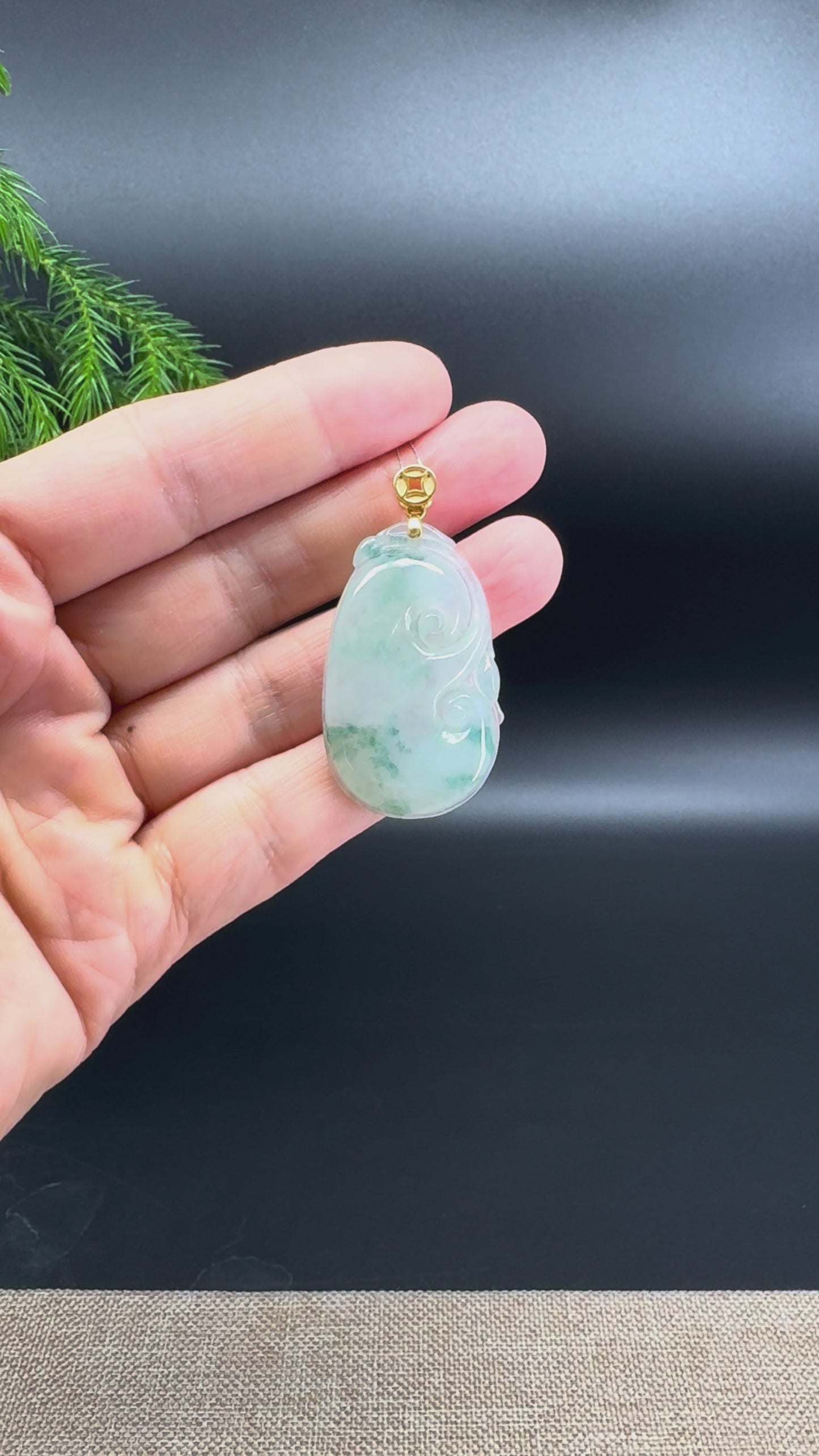 RealJade® Co. Genuine Burmese Icy Blue Flower Jadeite Jade RuYi Pendant with 18k Yellow Gold Bail