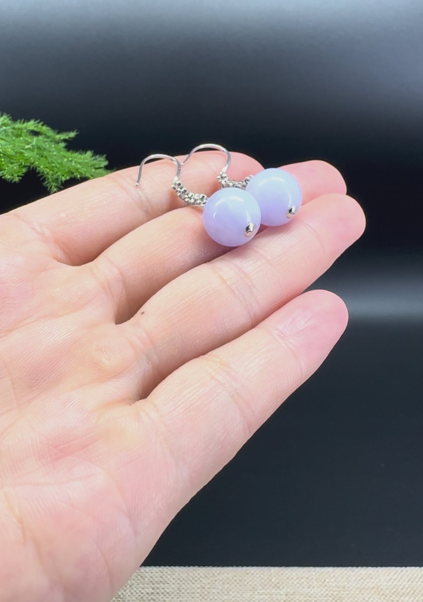 Load and play video in Gallery viewer, 18k White Gold Genuine Lavender Bead Jadeite Jade Earrings

