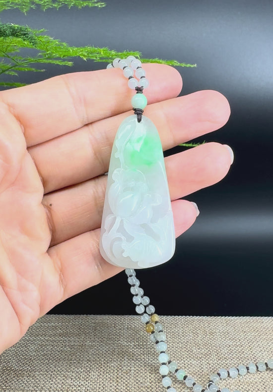 Load and play video in Gallery viewer, RealJade® Co.  Genuine Burmese Jadeite Jade  Fish and Lotus Pendant Necklace
