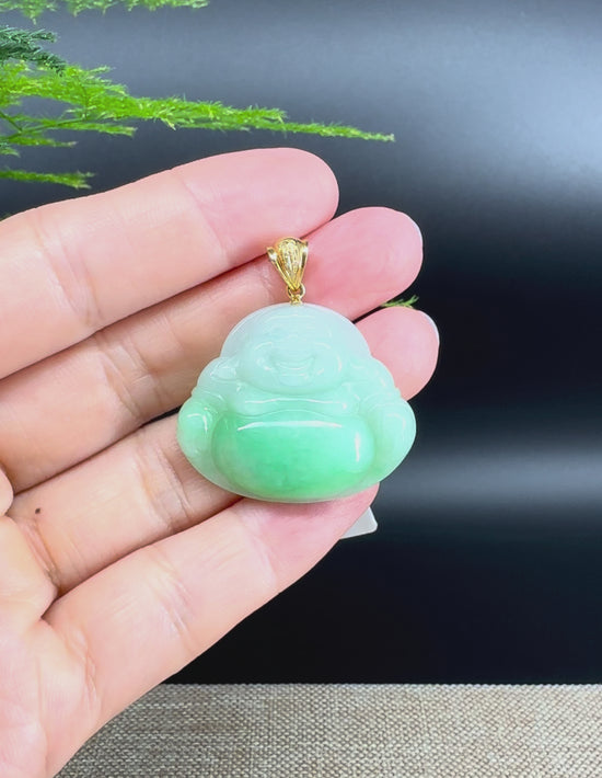 Load and play video in Gallery viewer, 18K Yellow Gold Burmese Green Jadeite Jade Happy Buddha Pendant
