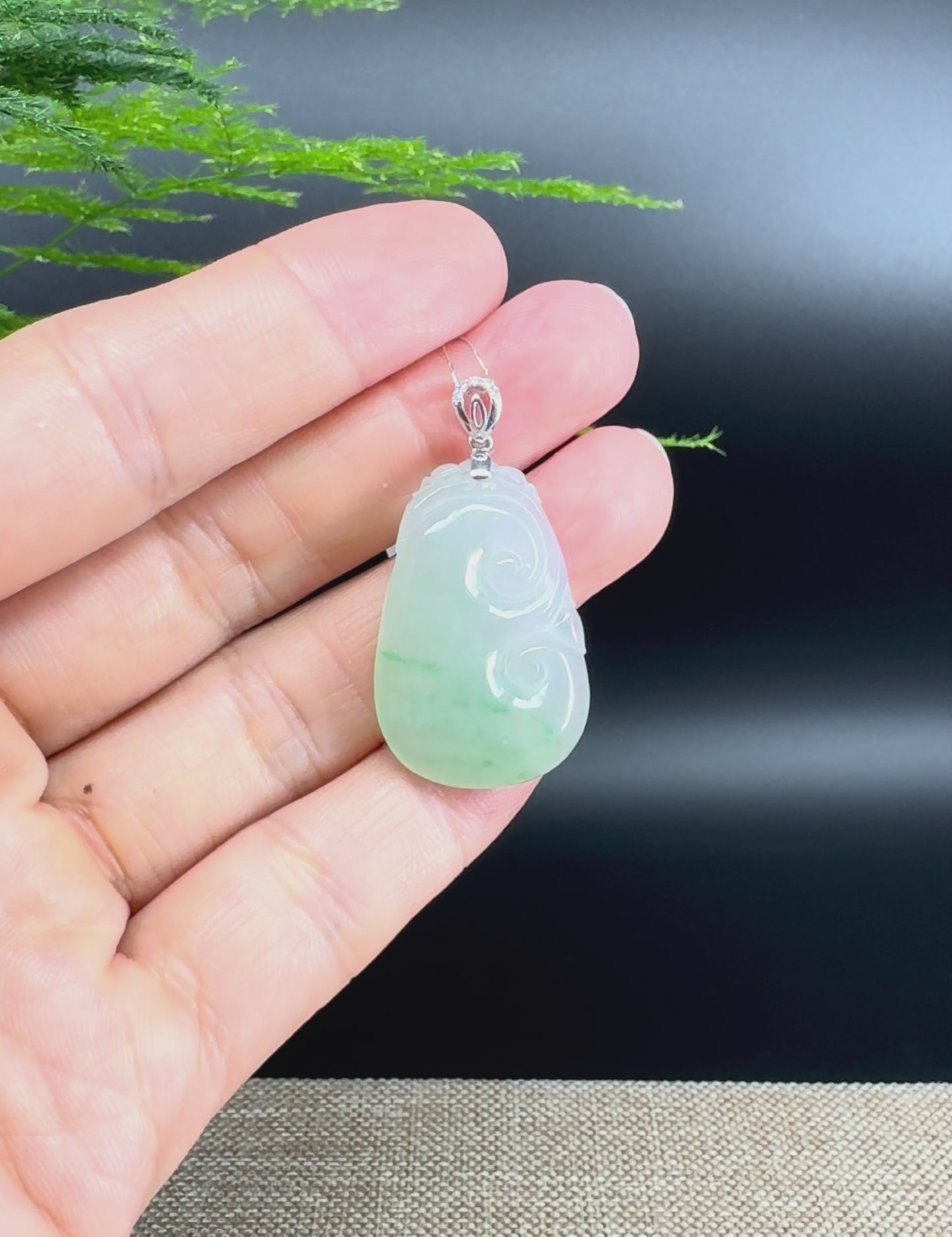 Load and play video in Gallery viewer, RealJade® Co. Genuine Icy green Jadeite Jade Good Luck RuYi Necklace With 18K White Gold Bail
