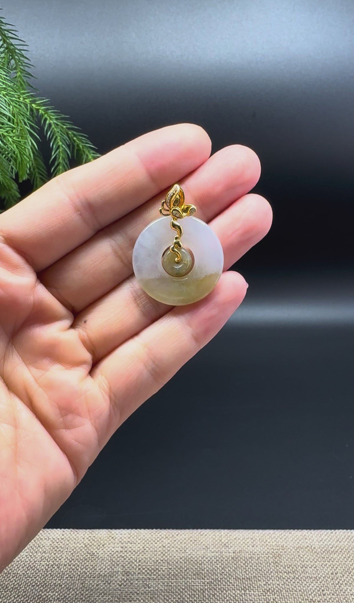 "Good Luck Button" Light Yellow Jadeite Jade Lucky Double-KouKou Pendant With 18K Yellow Gold Diamonds Bail
