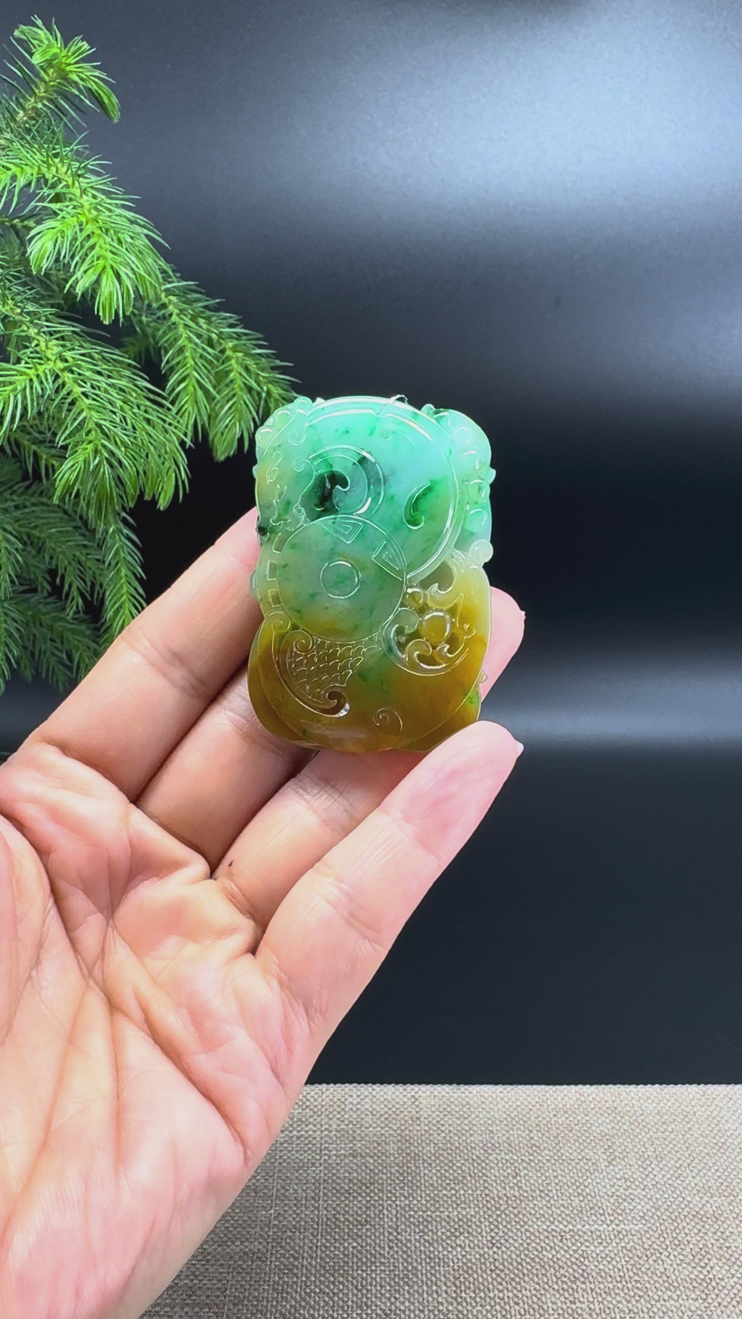 RealJade® Co.Natural Yellow Green Jadeite Jade Dragon & Phoenix Pendant