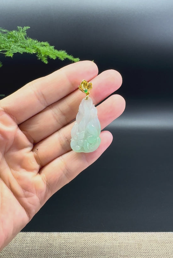 Load and play video in Gallery viewer, Genuine Icy Green Jadeite Jade Nine-Tailed Fox Necklace With 18K Yellow Gold  Diamonds Bail
