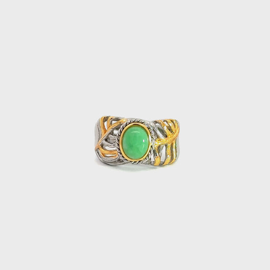 Load and play video in Gallery viewer, RealJade® Co. RealJade® Co. Antique Natural Jadeite Jade Sterling Silver Gold Plated Two Tone Ring
