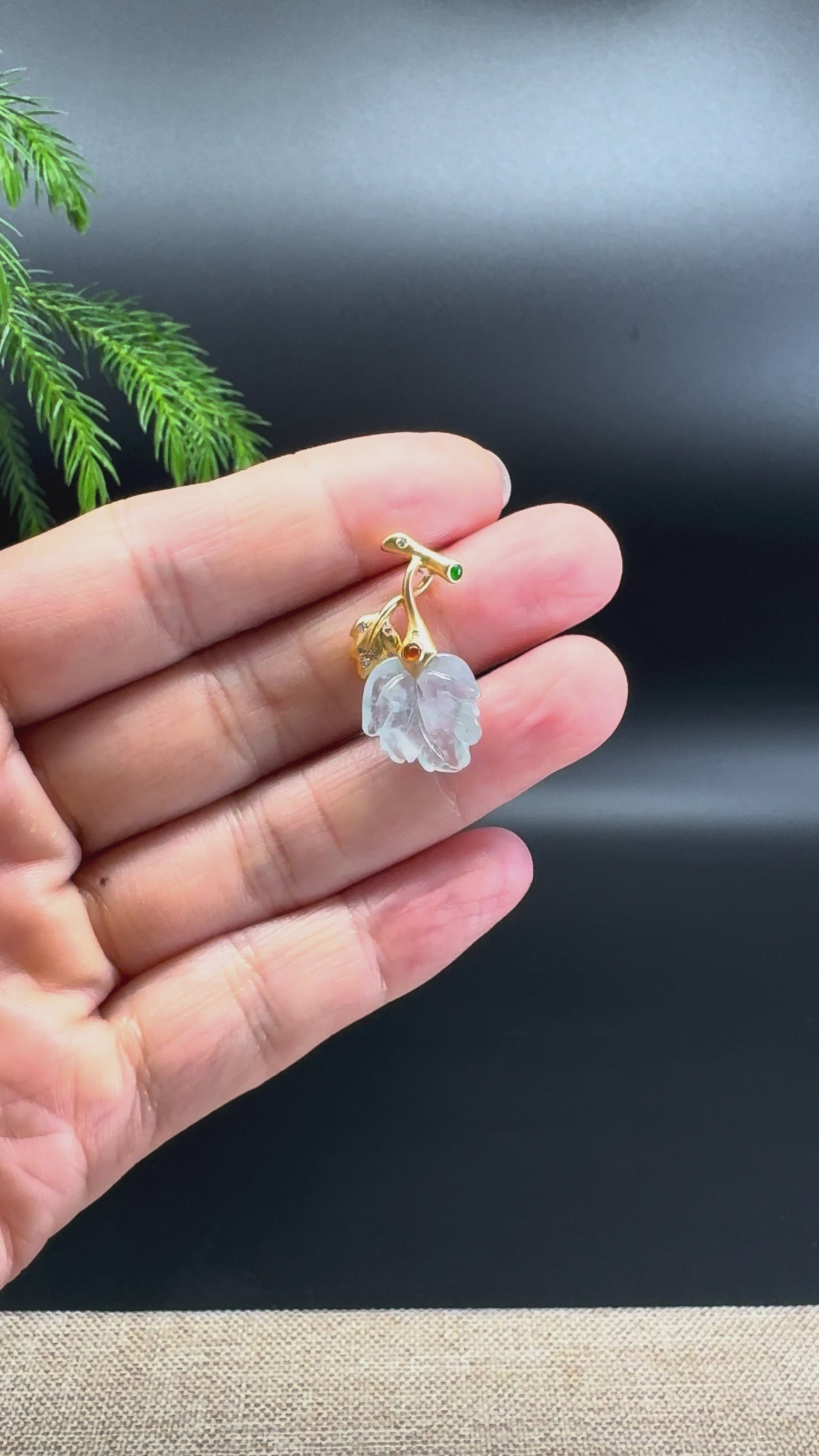 RealJade® "Maple Leaf" 18K Yellow Gold Icy Moonlight Jadeite Jade Pendant Necklace