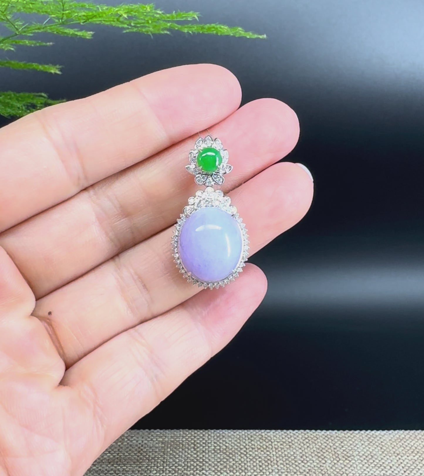 Load and play video in Gallery viewer, RealJade® Co. Luxury Genuine Lavender Jadeite Jade Cabochon  Necklace With 18K White Gold Bail
