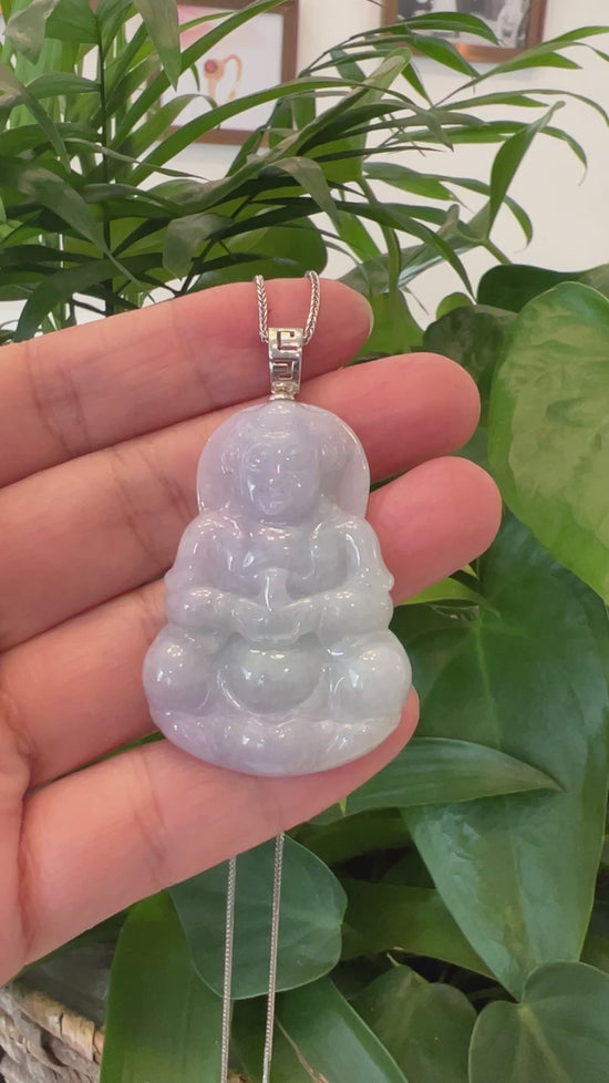 Load and play video in Gallery viewer, &amp;quot;Goddess of Compassion&amp;quot; Sterling Silver Genuine Burmese Jadeite Jade Guanyin Necklace With Good Luck Design
