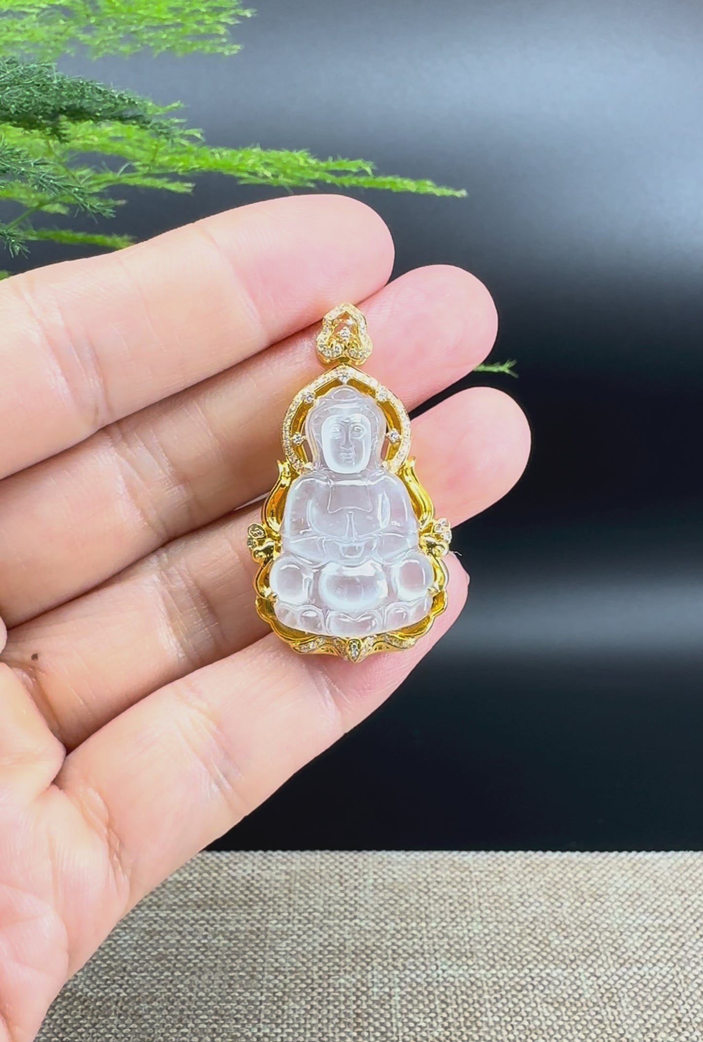 18K Yellow Gold Burmese Icy Jadeite Jade Guanyin Pendant with Diamond