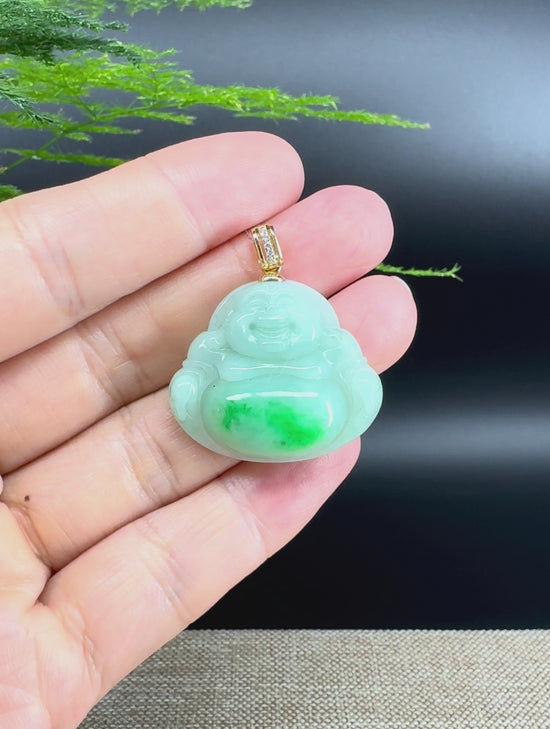 Load and play video in Gallery viewer, Genuine Burmese Green Jadeite Jade Happy Buddha Pendant with Diamond Bail
