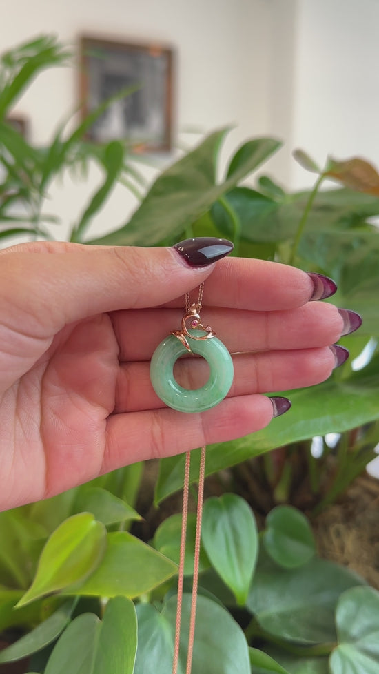 Load and play video in Gallery viewer, RealJade® Co. RealJade® Co. &amp;quot;Good Luck Birdie&amp;quot; 18k Rose Gold Genuine Burmese Jadeite Lucky Kou Kou Pendant Necklace With Ruby and Diamond
