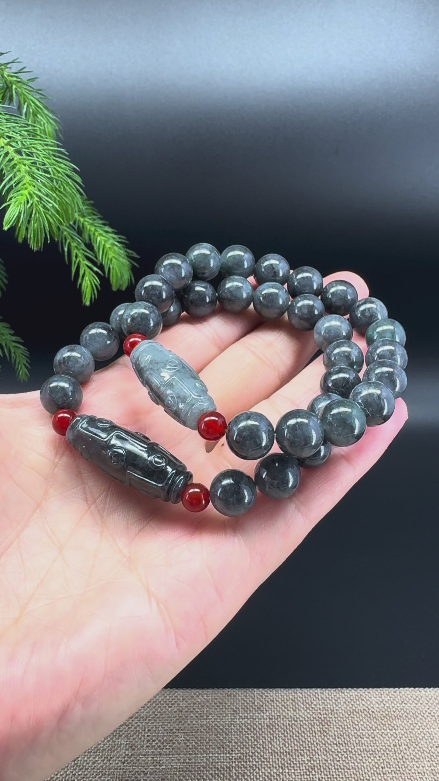 RealJade® Co. Genuine Jadeite Jade Round Wuji Dzi Beads Bracelet (10mm)