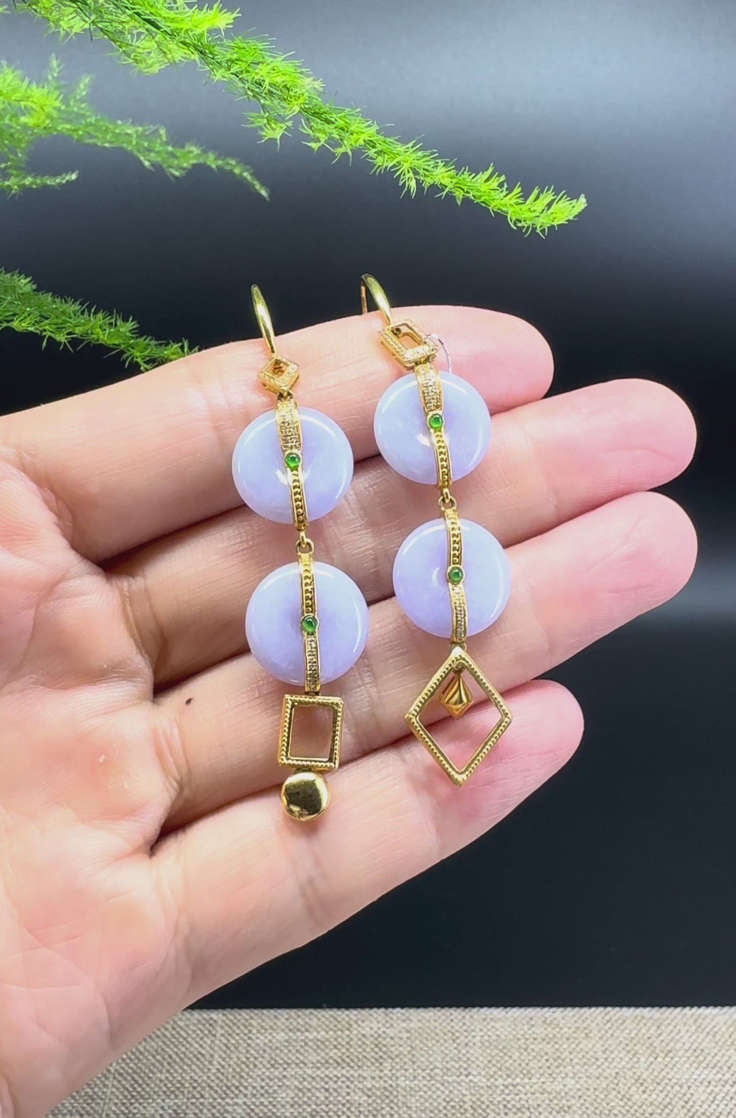 Load and play video in Gallery viewer, 18k Yellow Gold Genuine Lavender Jadeite Jade Earrings With Diamonds
