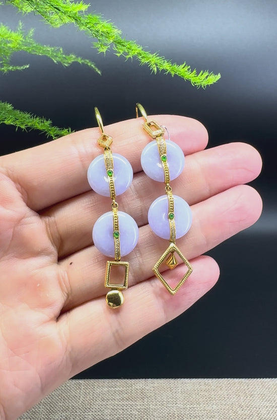 Load and play video in Gallery viewer, 18k Yellow Gold Genuine Lavender Jadeite Jade Earrings With Diamonds
