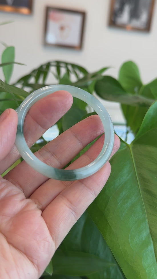 Load and play video in Gallery viewer, RealJade® Co. &amp;quot;Petite&amp;quot; Natural Burmese Blue-green Jadeite Jade Bangle Bracelet (52.23 mm) #T052
