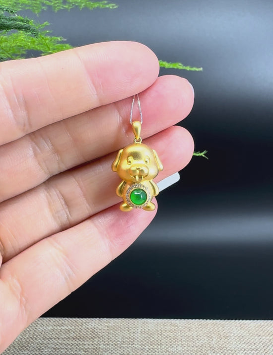 Load and play video in Gallery viewer, RealJade®  12 Zodiac: 18k Yellow Gold Dog Pendant Necklace with Green Imperial Jade &amp;amp; Diamonds
