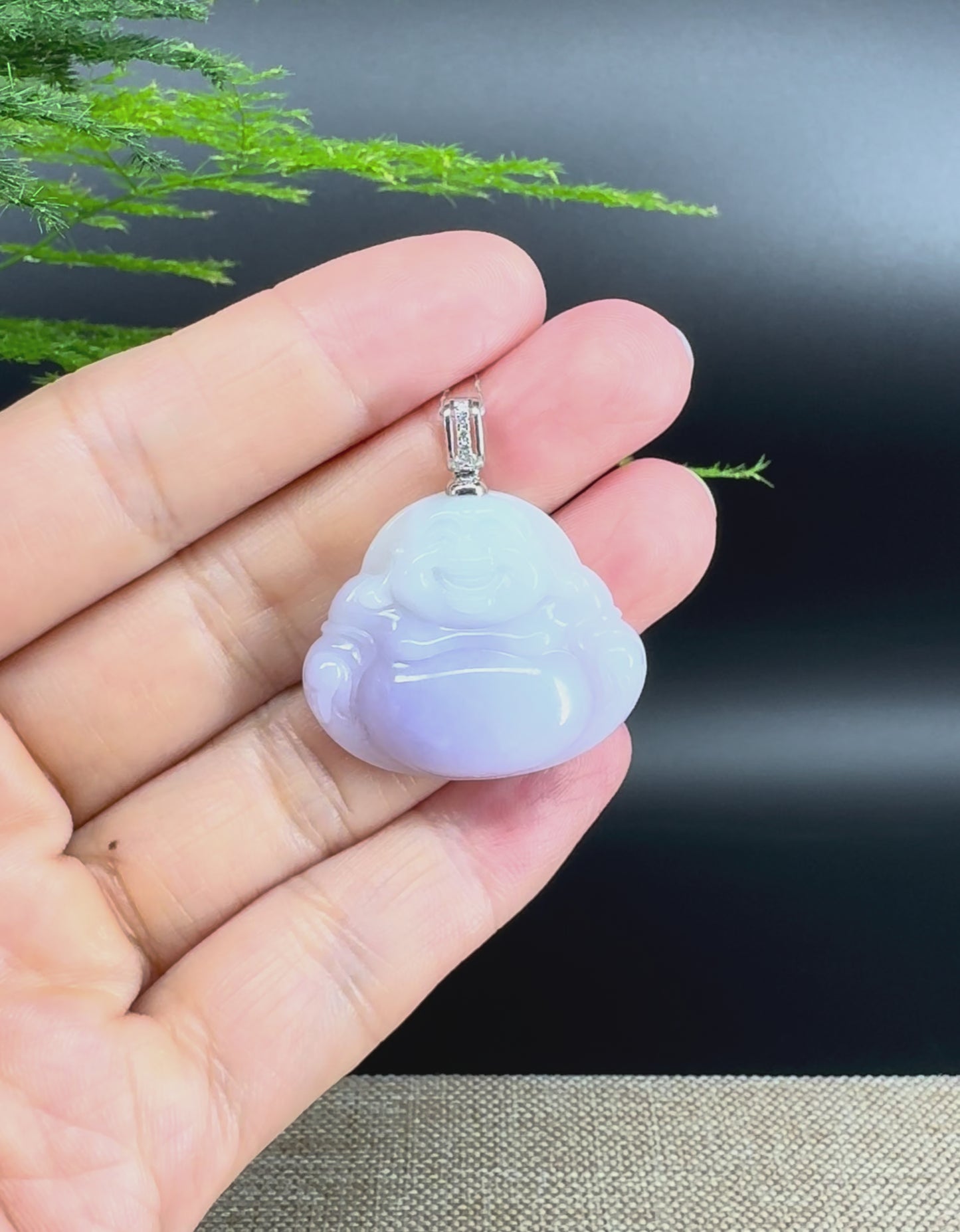 Load and play video in Gallery viewer, Burmese Lavender Jadeite Jade Happy Buddha Pendant with Diamond Bail
