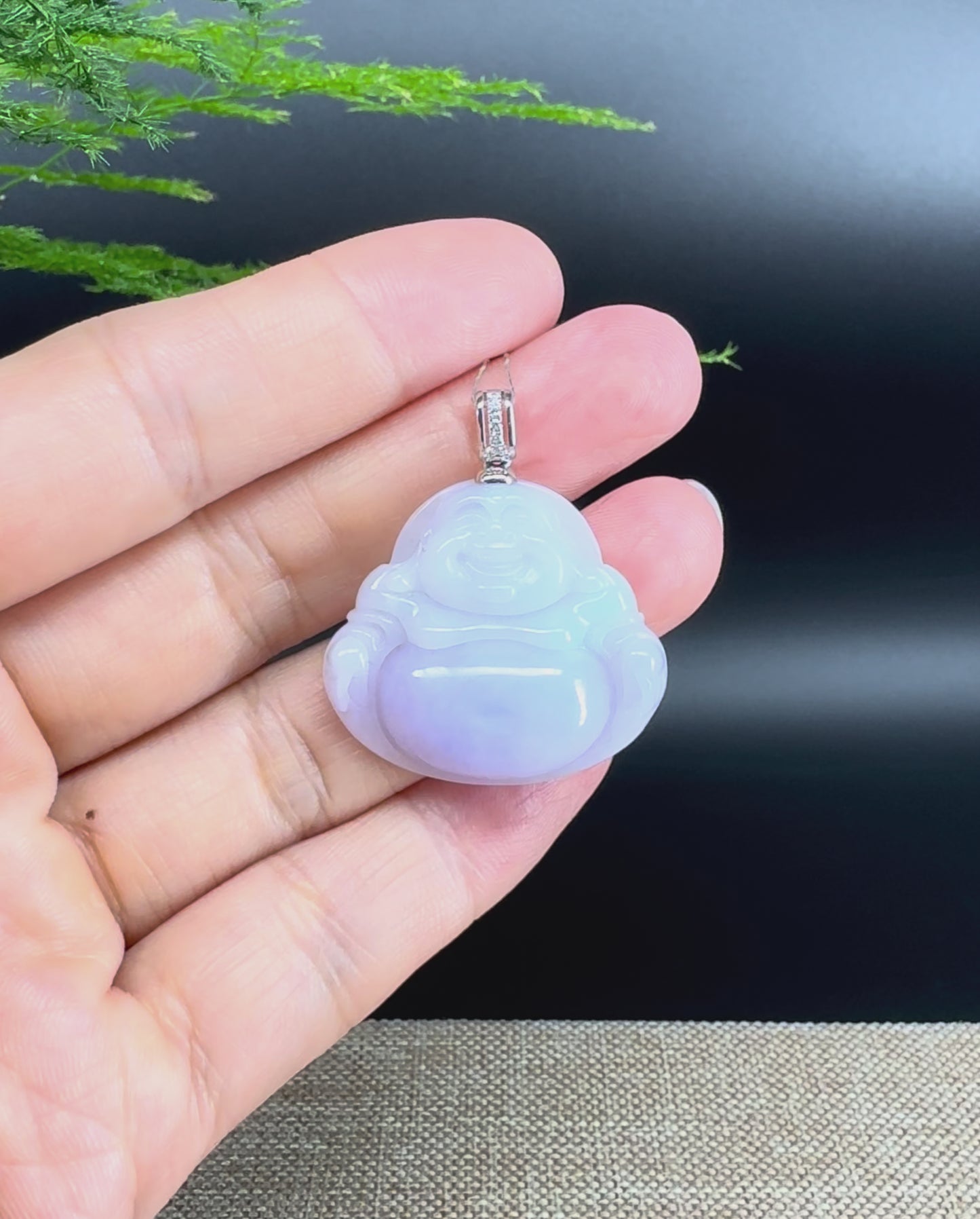 Load and play video in Gallery viewer, 18K White Gold Burmese Lavender Green Jadeite Jade Happy Buddha Pendant
