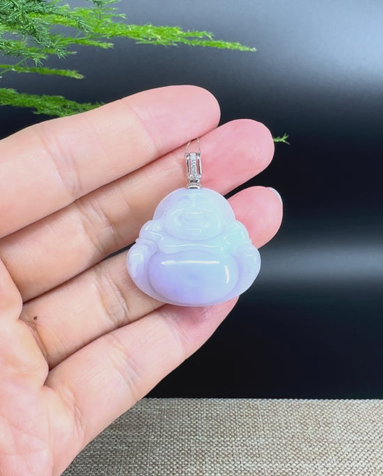 Load and play video in Gallery viewer, 18K White Gold Burmese Lavender Green Jadeite Jade Happy Buddha Pendant
