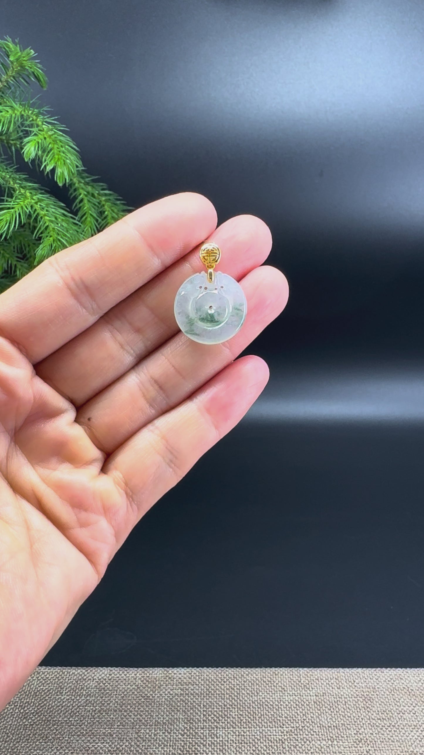 "Good Luck Button"Icy Green Flower Jadeite Jade Dragon KouKou Pendant With 18K Yellow Gold Bail