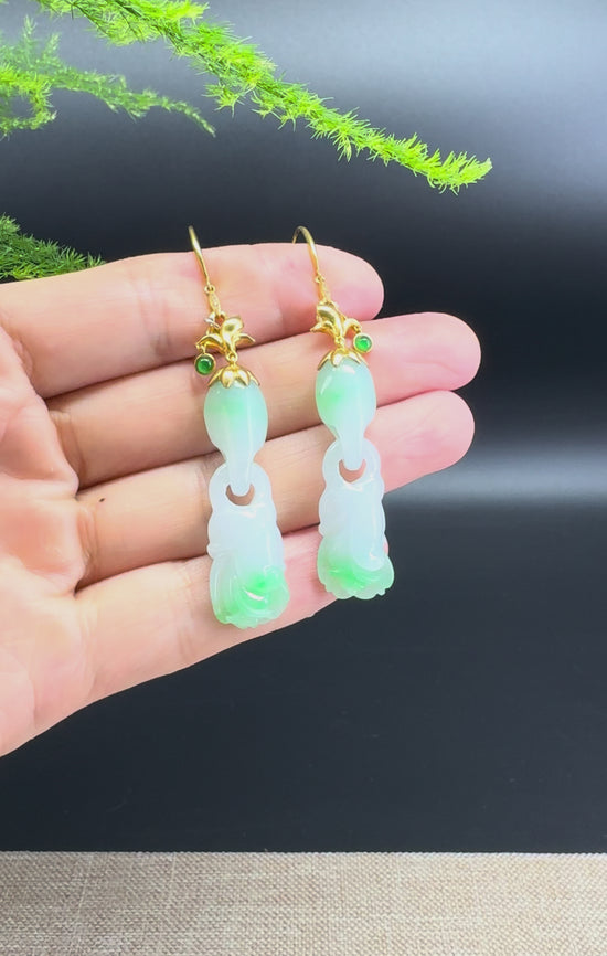 Load and play video in Gallery viewer, 18k Yellow Gold Genuine White Green Jadeite Jade Earrings With Diamonds
