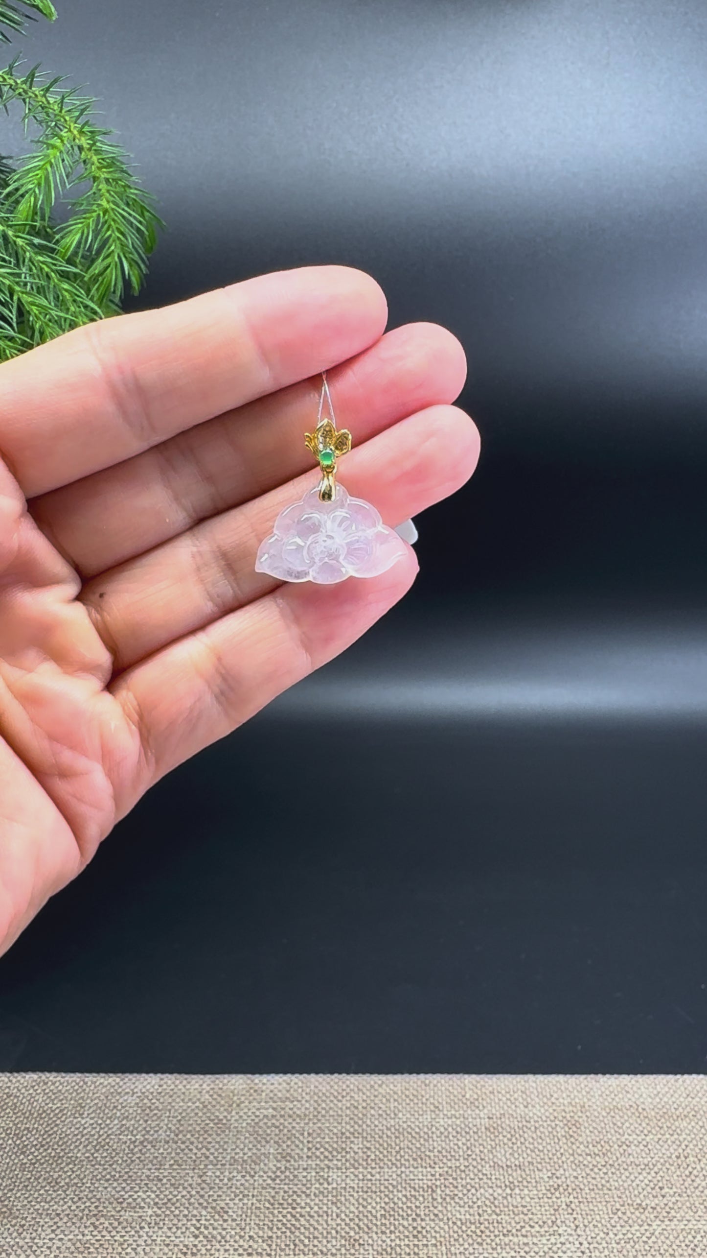 Natural 18K Yellow Gold Burmese Icy Light-Green Jadeite Jade Lotus Flower Pendant