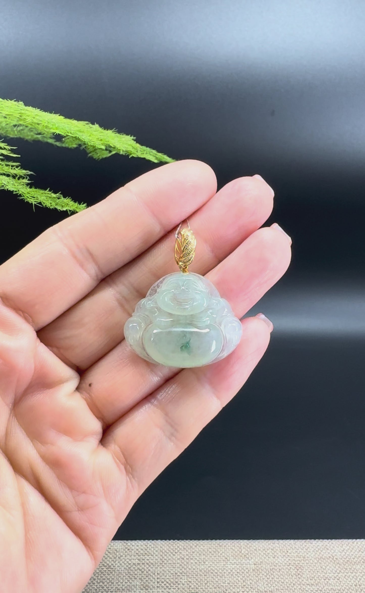 Load and play video in Gallery viewer, 18K Yellow Gold Burmese Icy Green Jadeite Jade Happy Buddha Pendant
