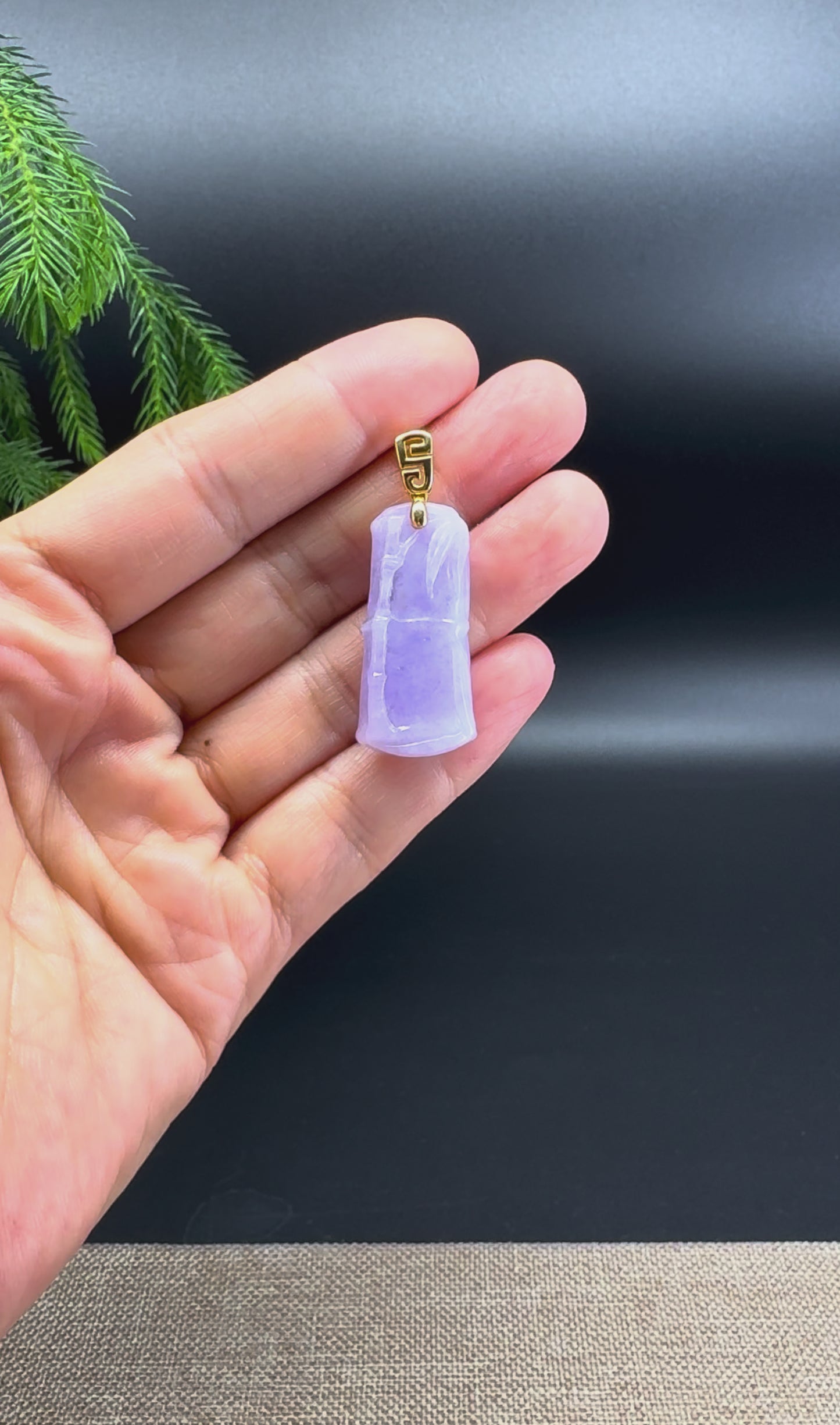 RealJade® Co. 18K Yellow Gold Genuine Burmese Lavender Jadeite Jade Bamboo Pendant