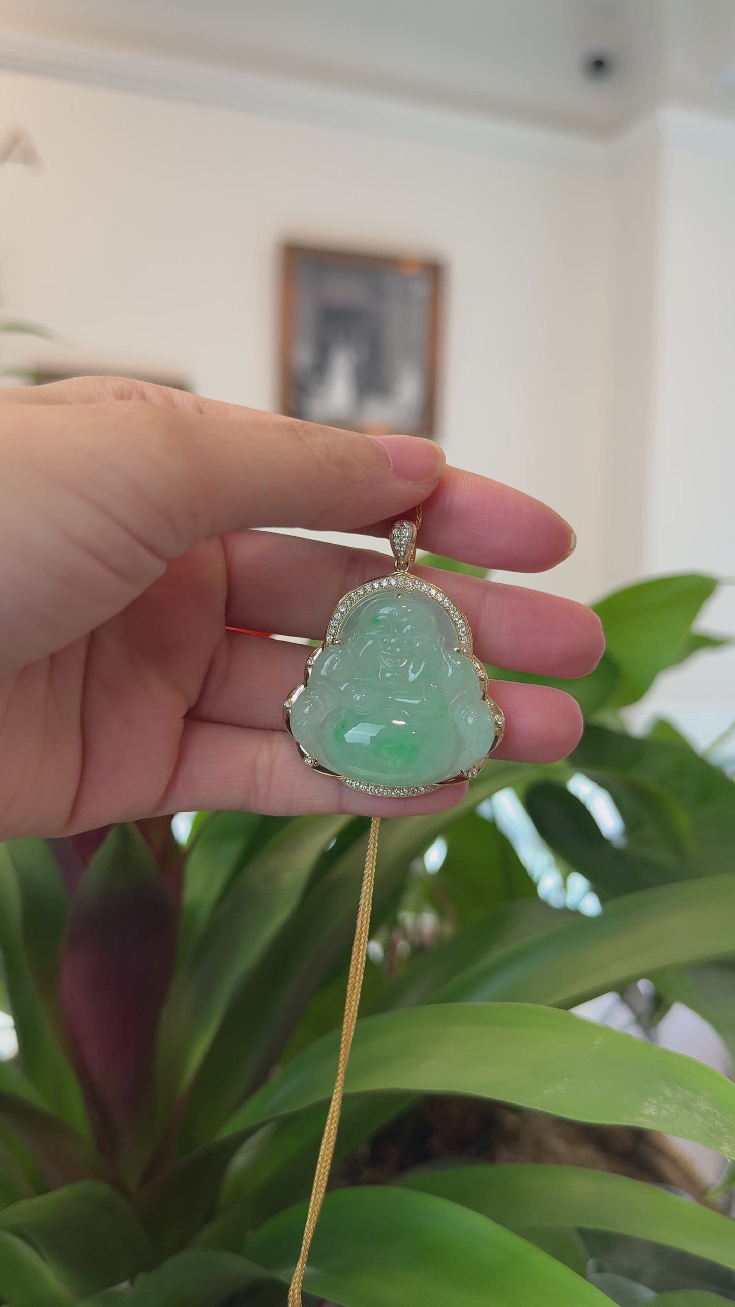 Load and play video in Gallery viewer, RealJade® Co. &amp;quot;Laughing Buddha&amp;quot; 14k Gold Genuine Green Jadeite Jade with VS1 Diamonds
