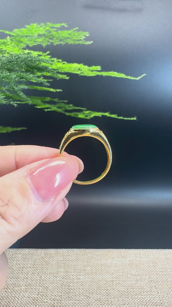 Load and play video in Gallery viewer, RealJade® &amp;quot;Signature Signet&amp;quot; 18K Yellow Gold  Green Jadeite Jade Ring
