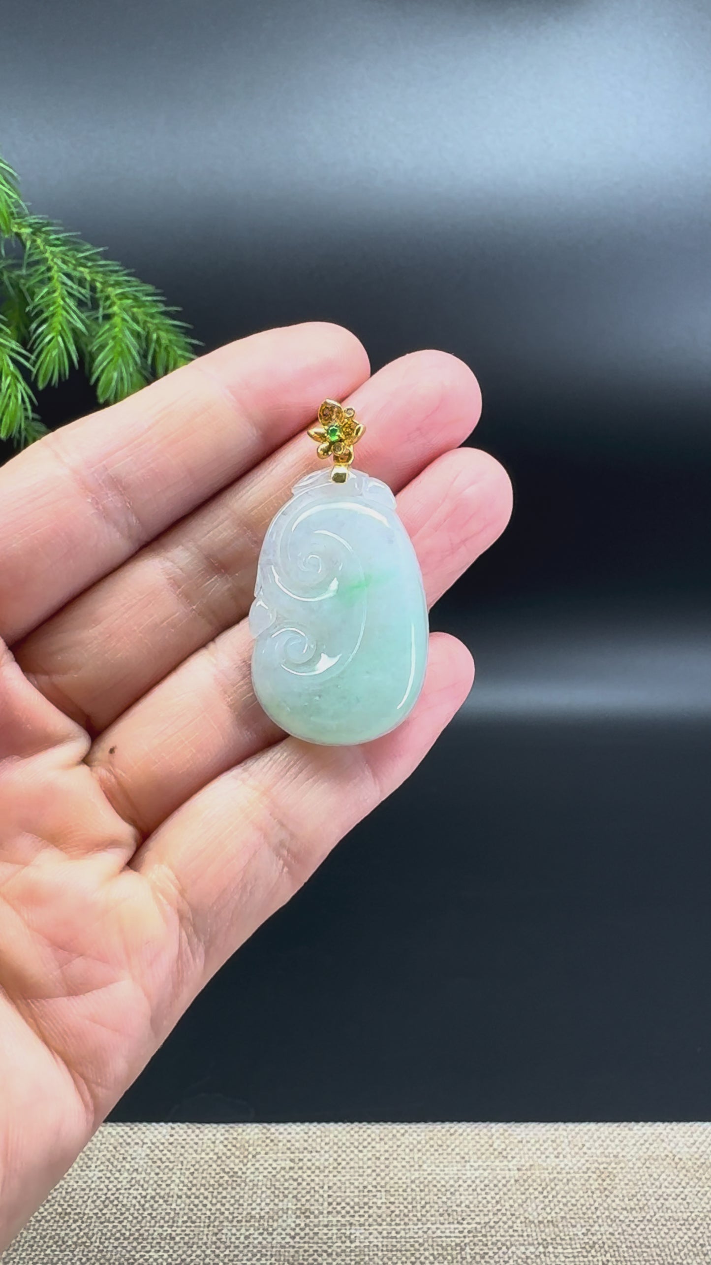 RealJade® Co. Genuine Burmese Light Green Jadeite Jade RuYi Pendant with 18k Yellow Gold Bail