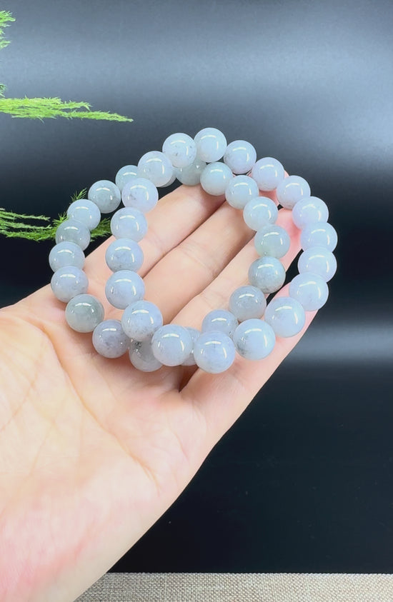 Load and play video in Gallery viewer, Natural Jadeite Jade  Round Lavender Black Beads Bracelet ( 11mm )
