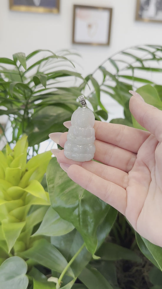 Load and play video in Gallery viewer, RealJade® &amp;quot;Goddess of Compassion&amp;quot; Genuine Burmese Jadeite Jade Guanyin Necklace With Good Luck Design Silver Bail
