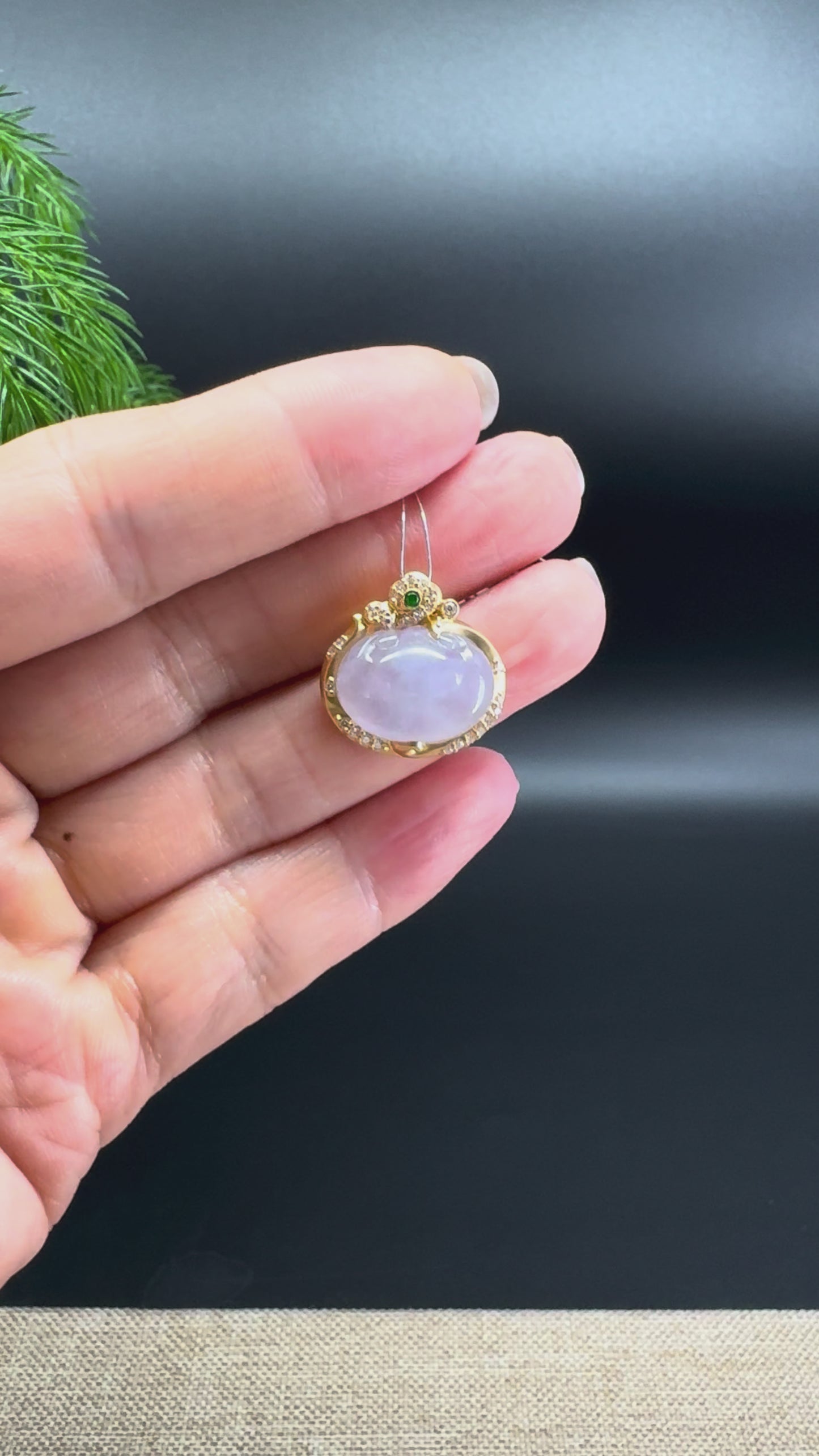 Load and play video in Gallery viewer, RealJade® Co. Genuine Light Lavender Jadeite Jade RuYi Necklace With 18K Yellow Gold Bail

