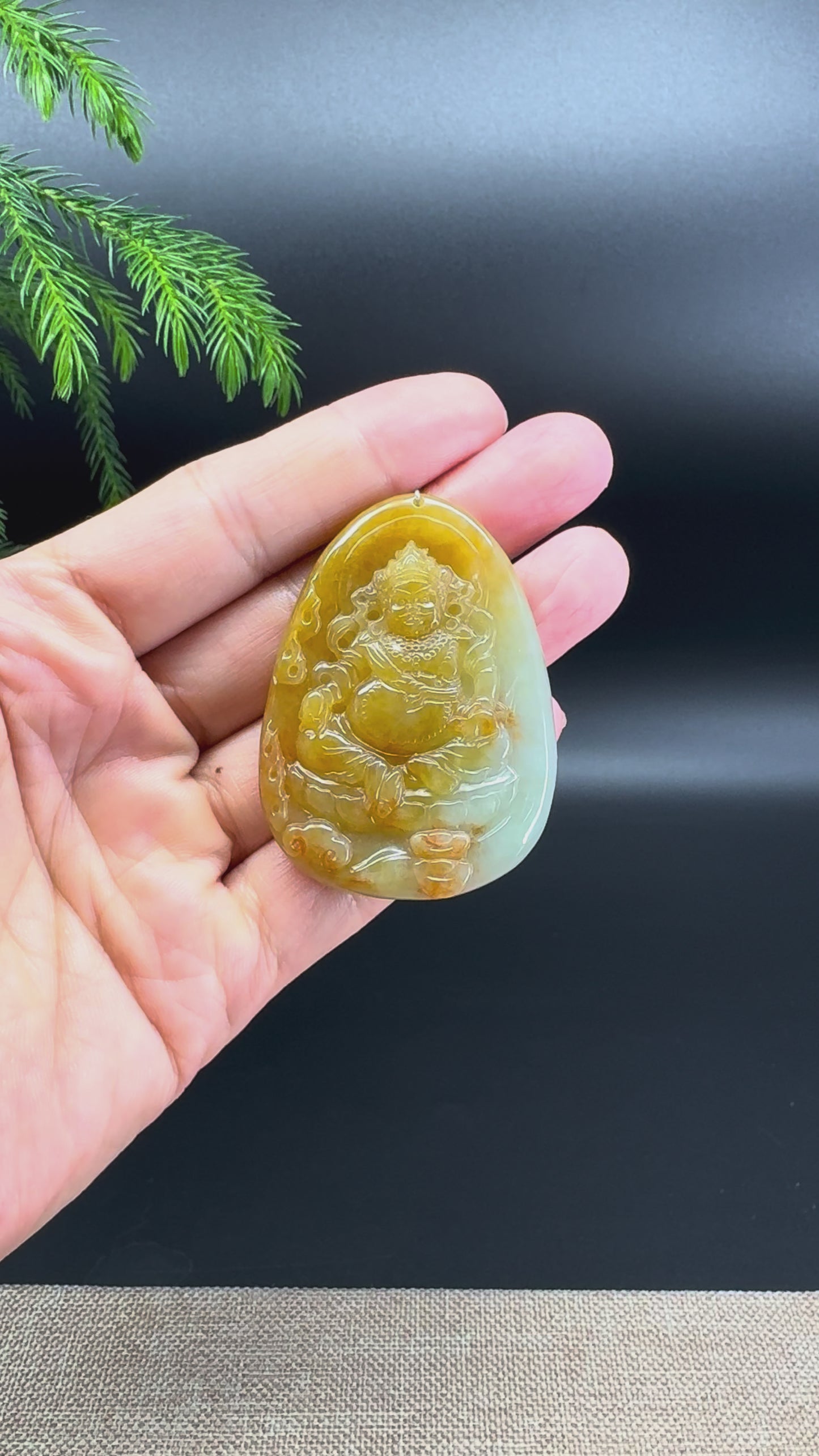 RealJade® Co. Genuine Yellow Green Jadeite Jade Caishen Pendant Necklace